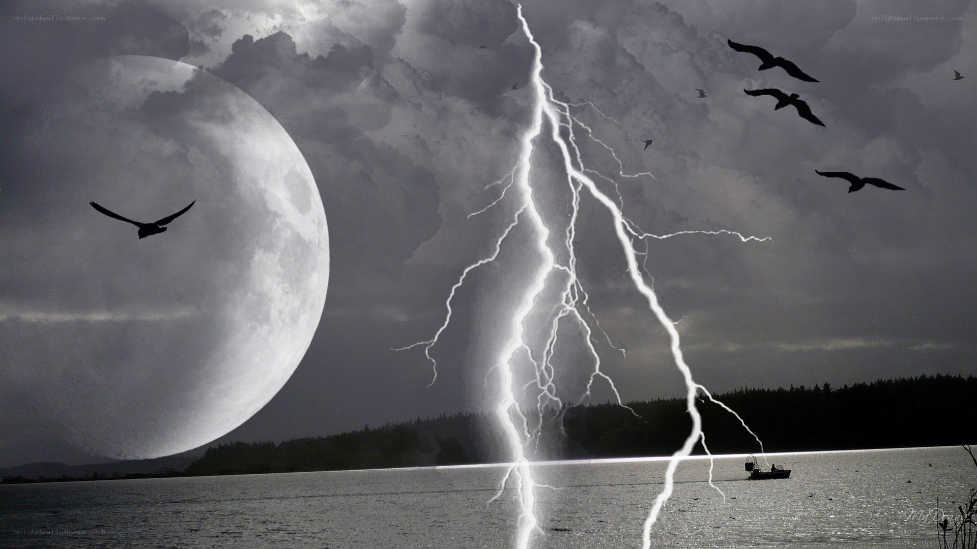Moonlit storm over a lake
