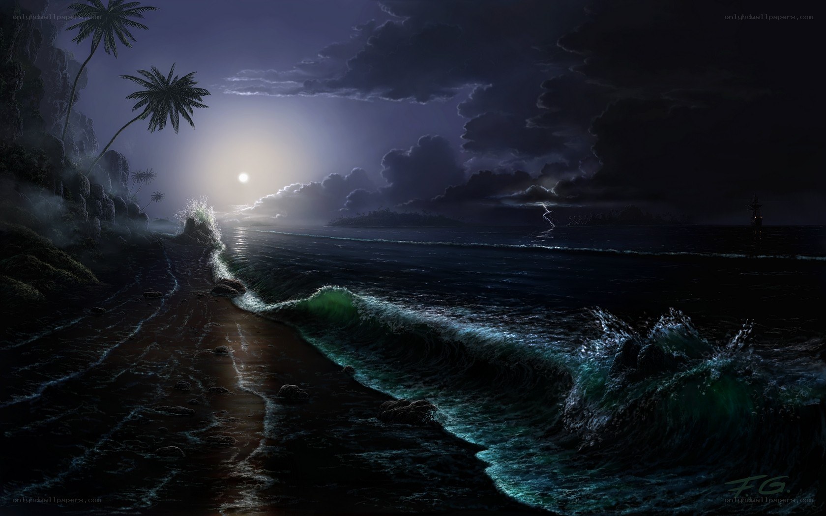Moonlit stormy beach at night