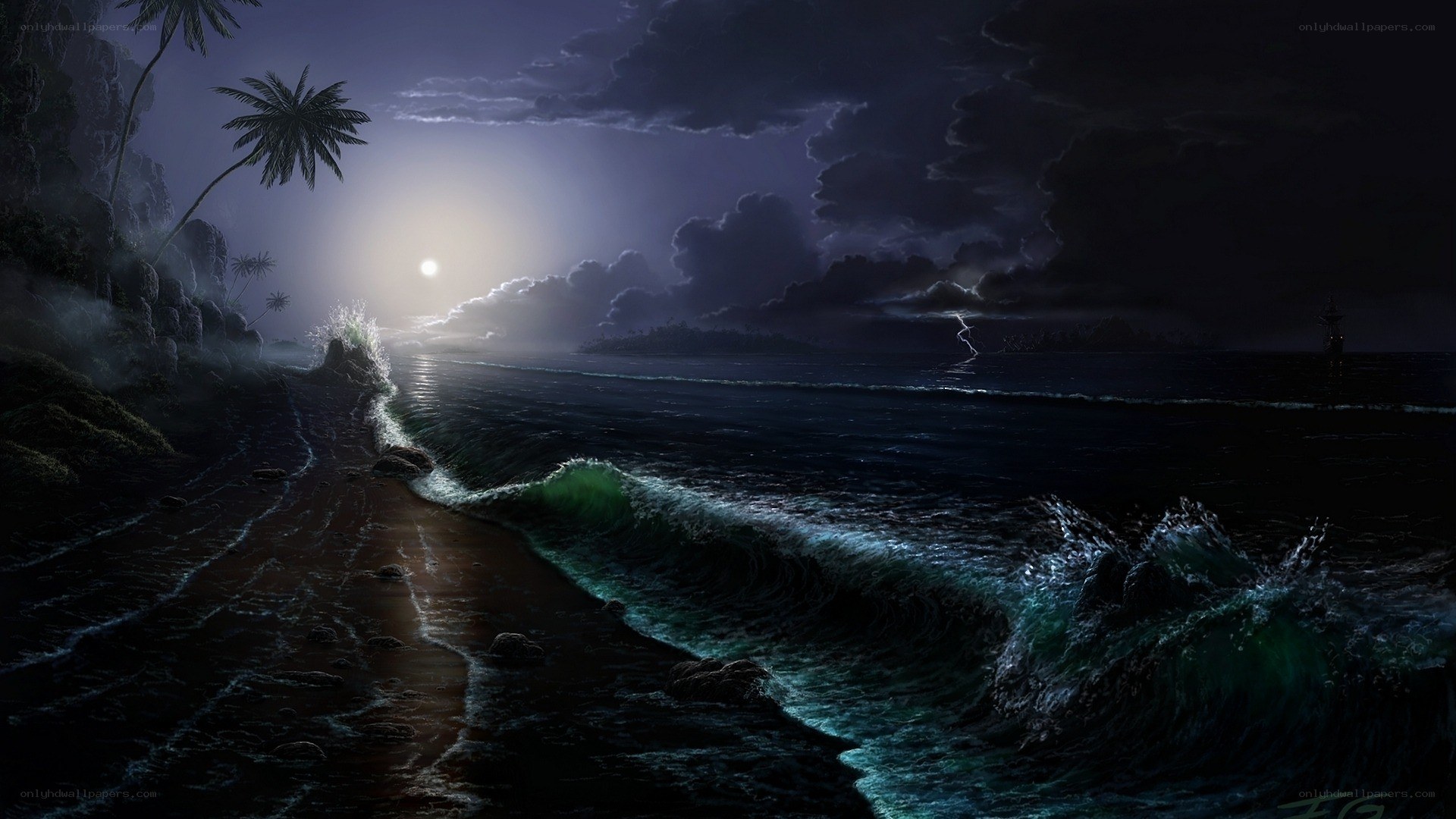 Moonlit stormy beach at night
