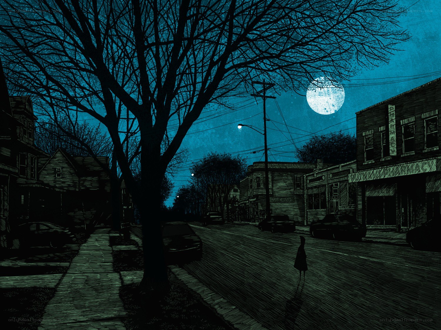 Moonlit street at night