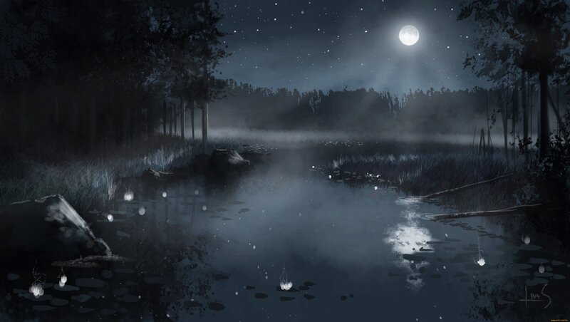 Moonlit Swamp at Night — Blue, Serene