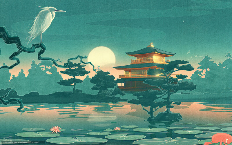 Moonlit temple by the pond
