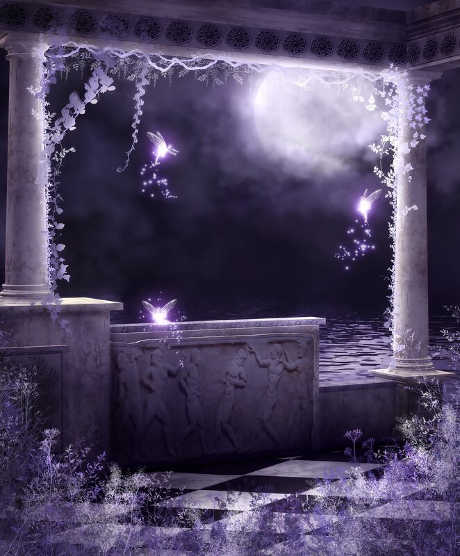 Moonlit temple with fairies