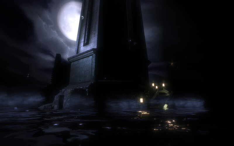 Moonlit tower by water