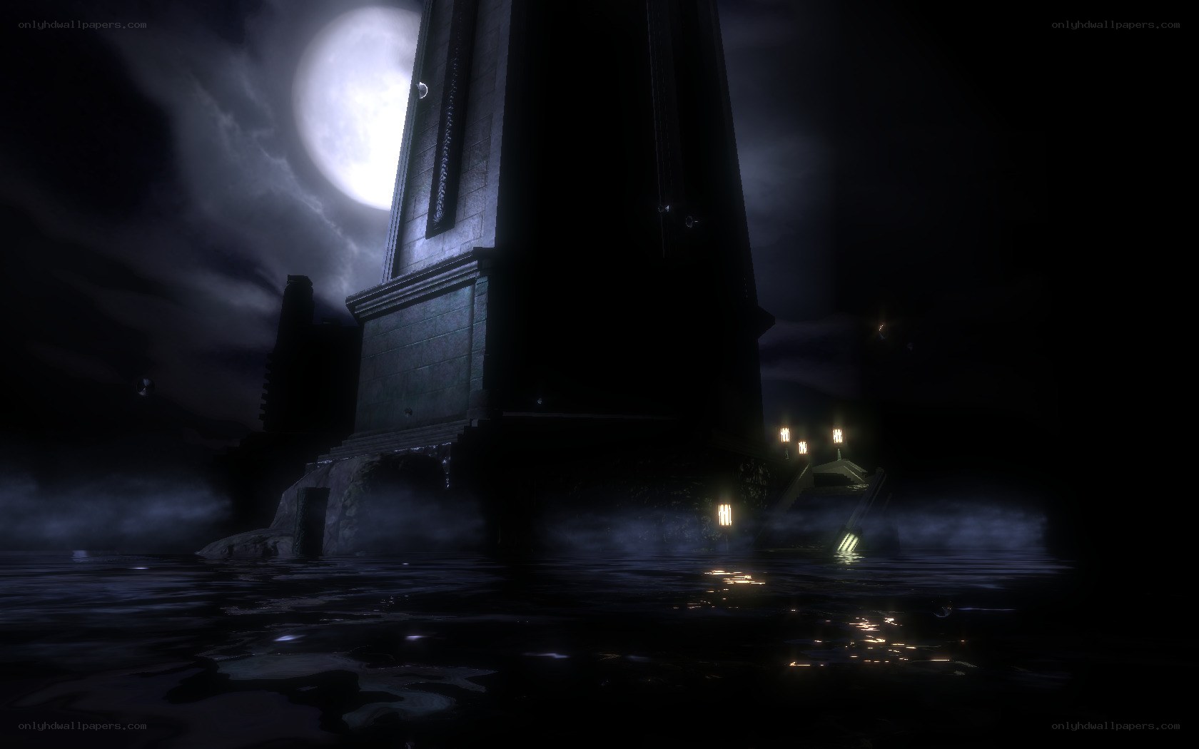 Moonlit tower by water