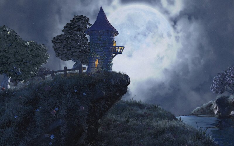 Moonlit tower on a cliff
