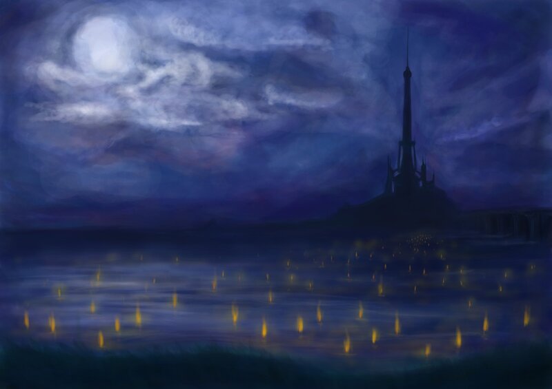 Moonlit tower over water