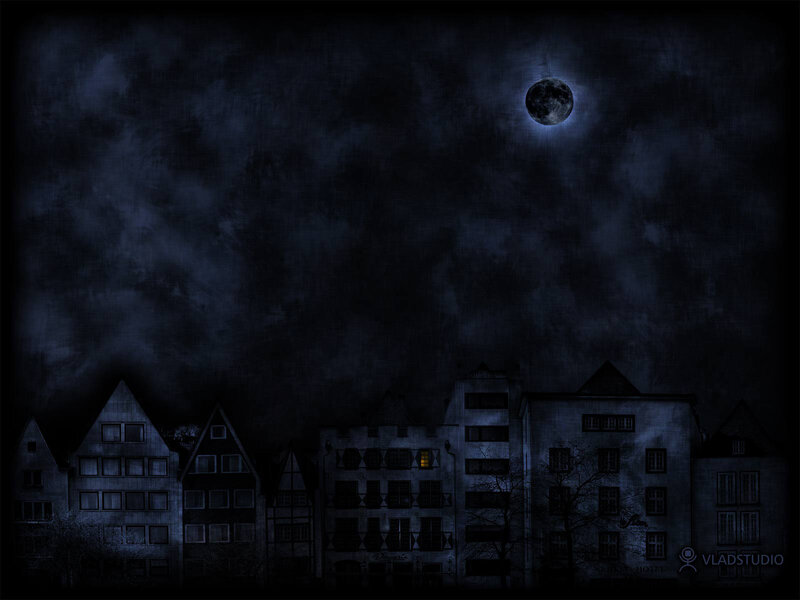 Moonlit town at night