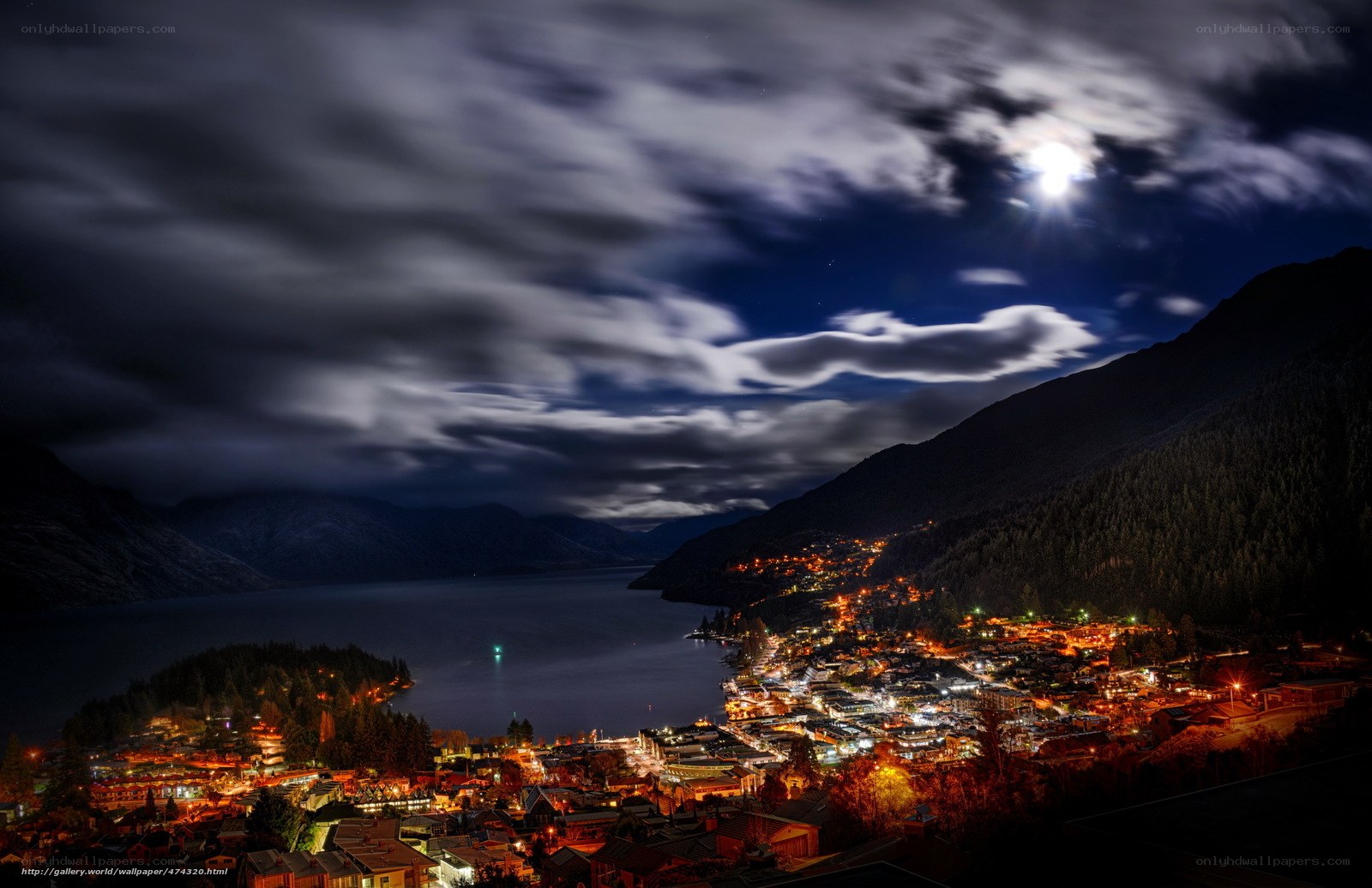 Moonlit town by the lake