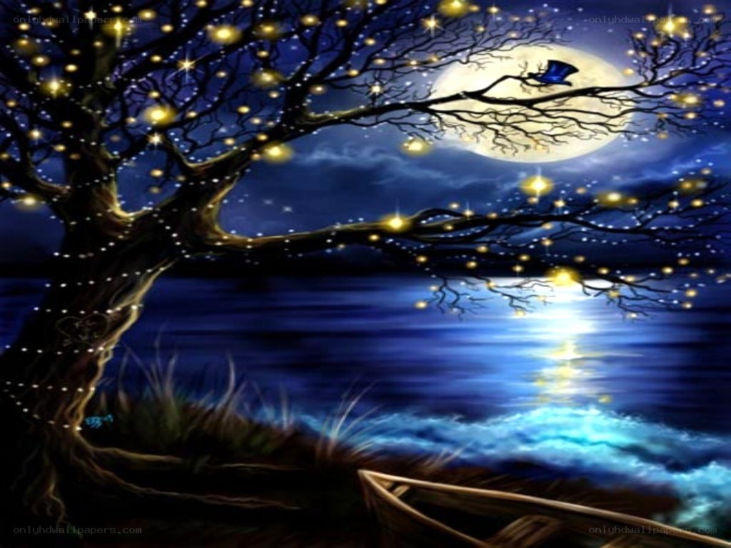 Moonlit tree by the water