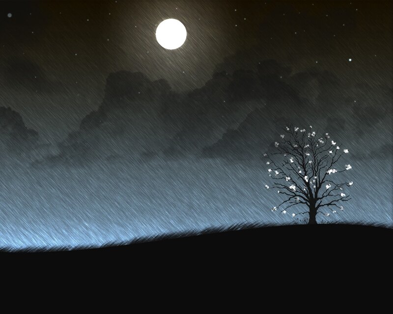 Moonlit tree in rain