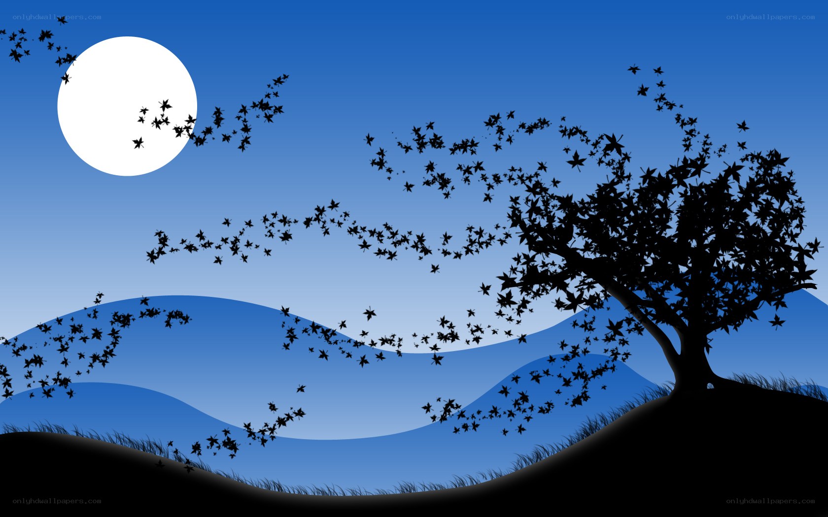 Moonlit tree with falling leaves