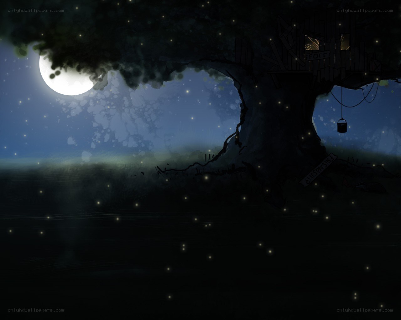 Moonlit treehouse at night