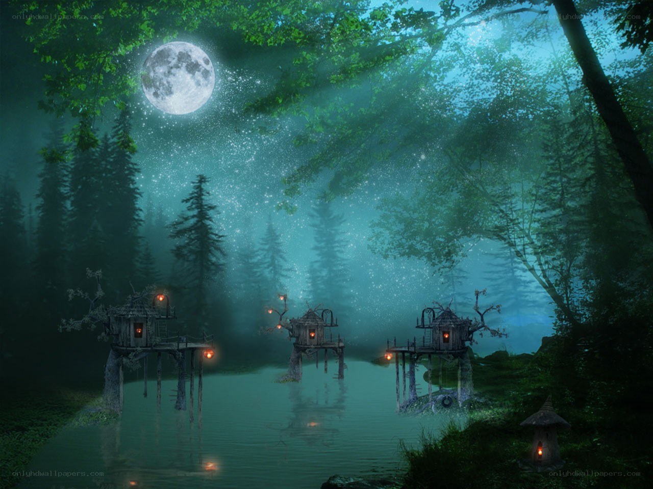 Moonlit treehouse village