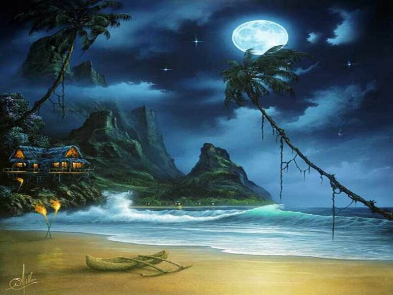 Moonlit tropical beach at night