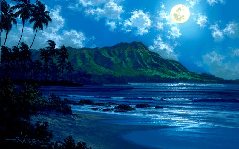 Moonlit Tropical Beach — Blue