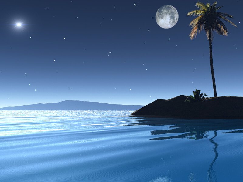 Moonlit tropical island at night