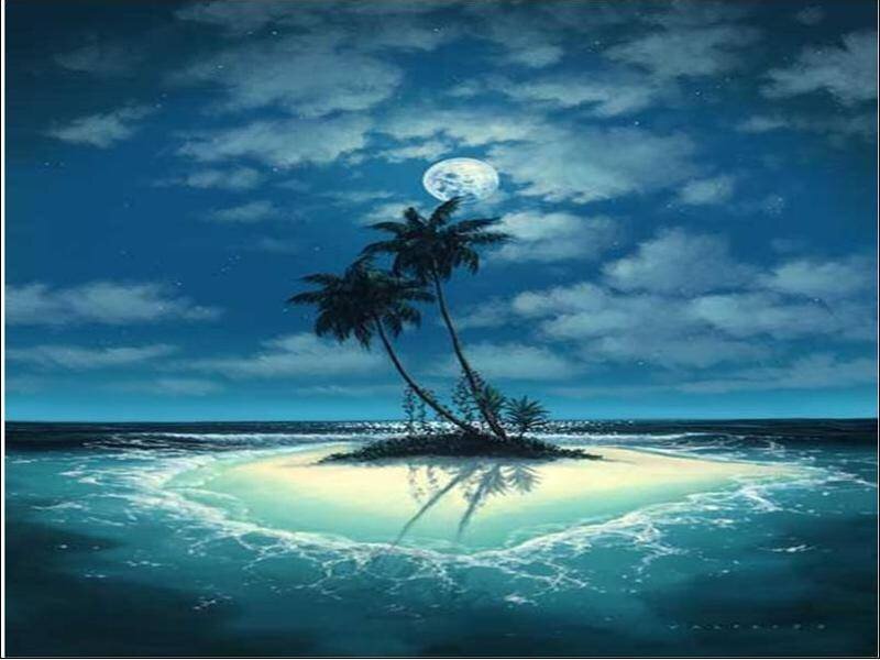 Moonlit tropical island at night