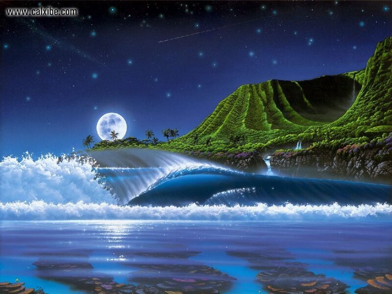 Moonlit tropical island at night