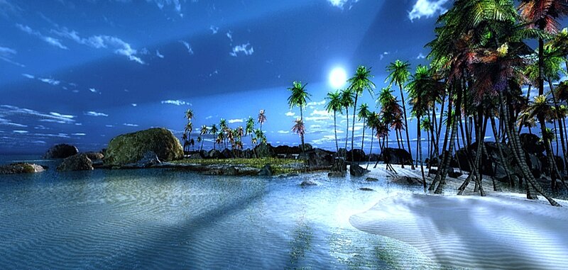 Moonlit tropical island at night