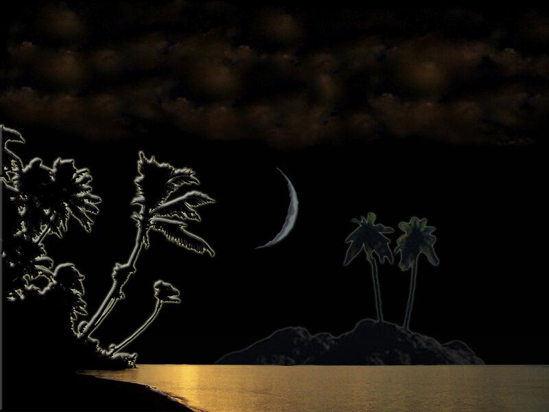 Moonlit tropical island at night