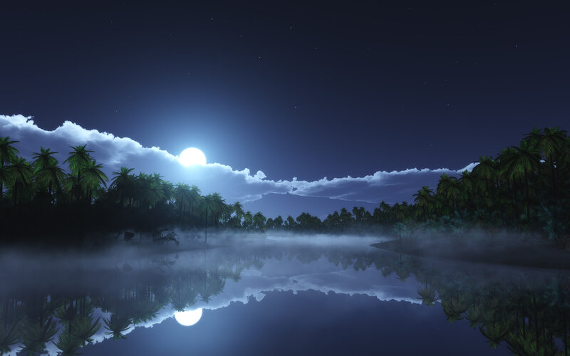 Moonlit Tropical Lake — Blue