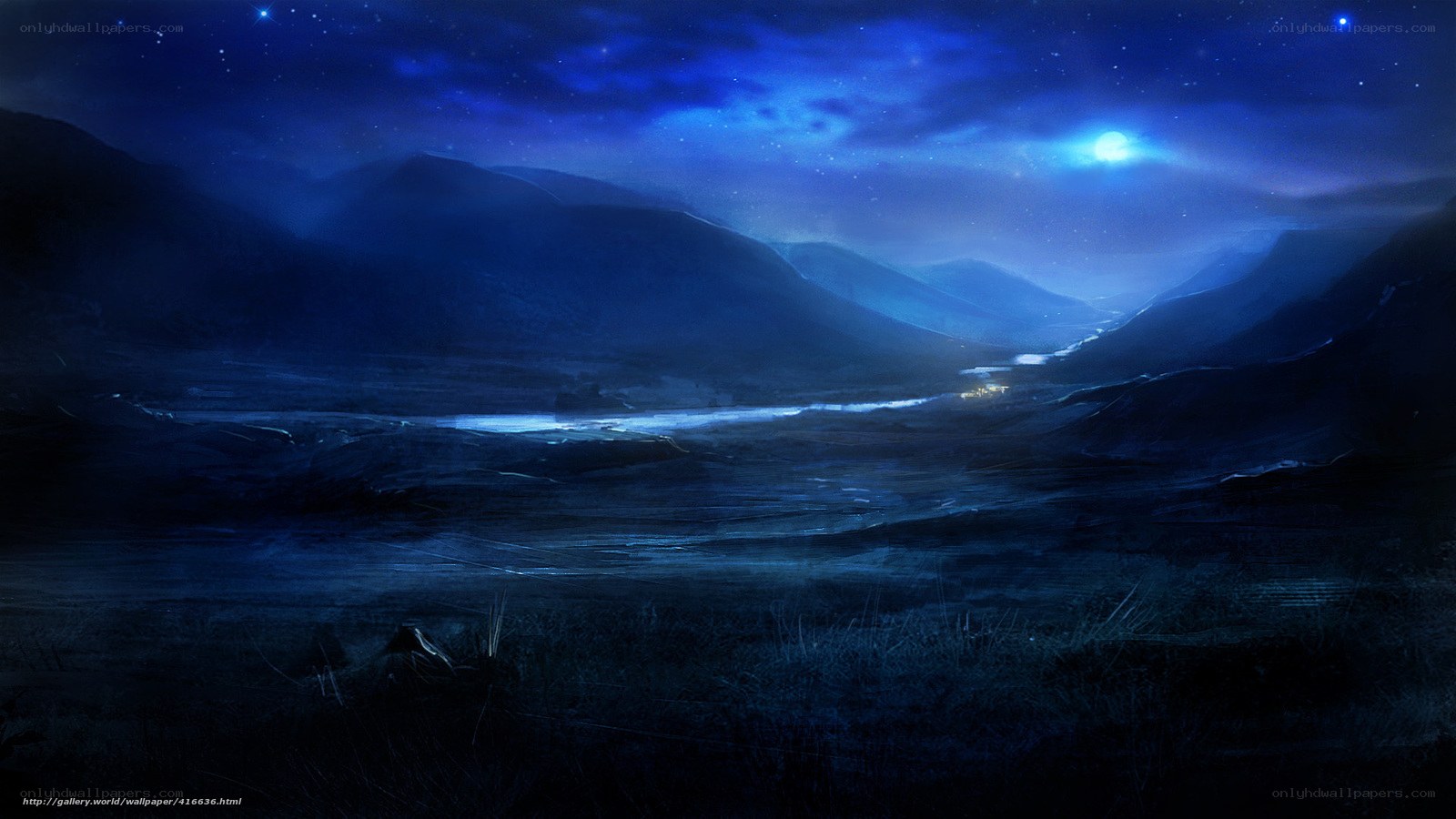 Moonlit valley at night