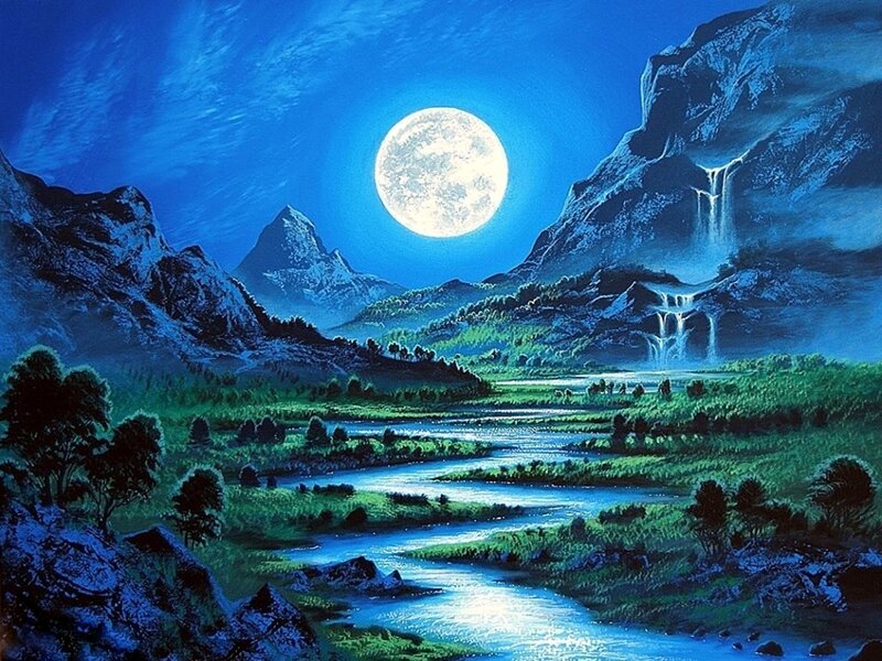 Moonlit Valley Landscape — Blue