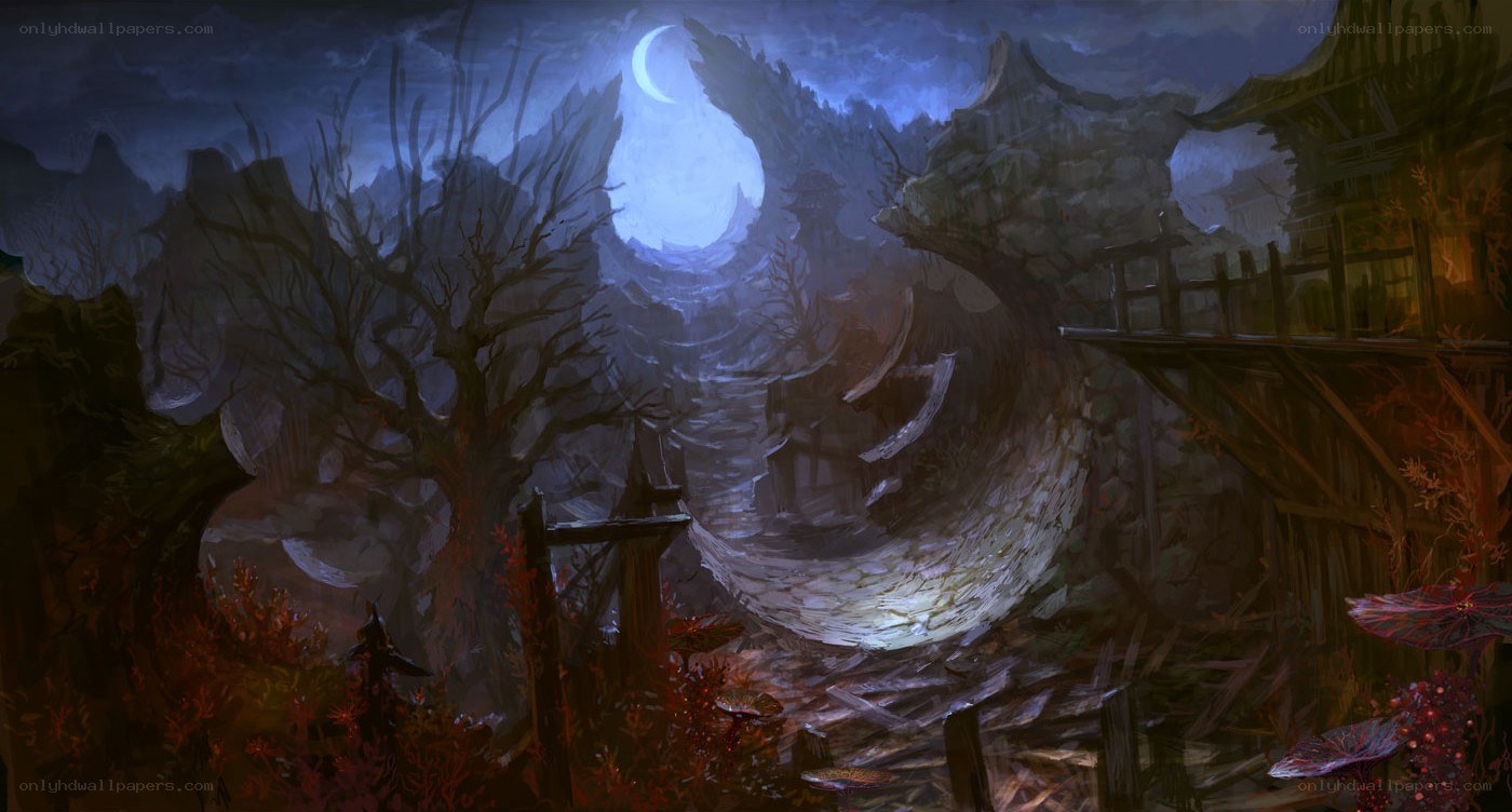 moonlit village ruins