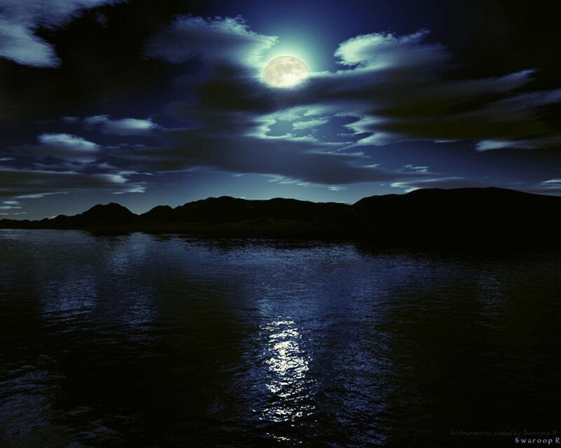 Moonlit Water and Mountains — Blue
