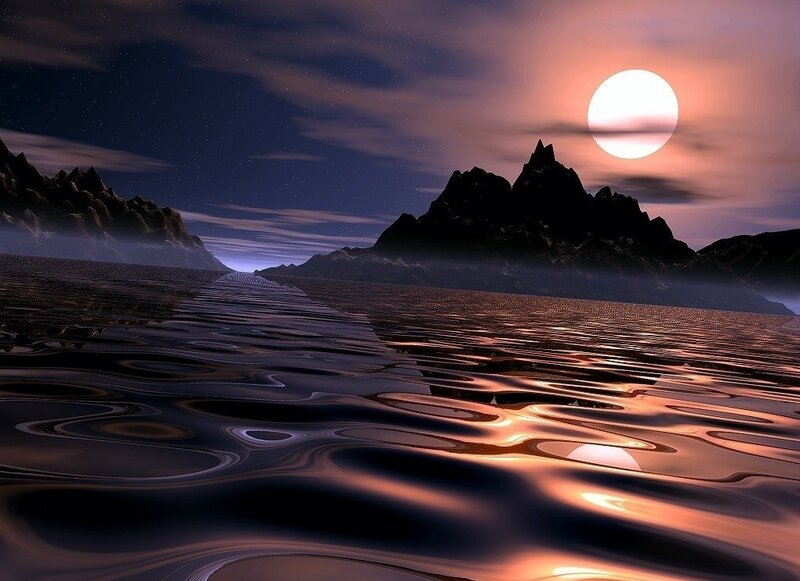 Moonlit Water and Mountains — Purple
