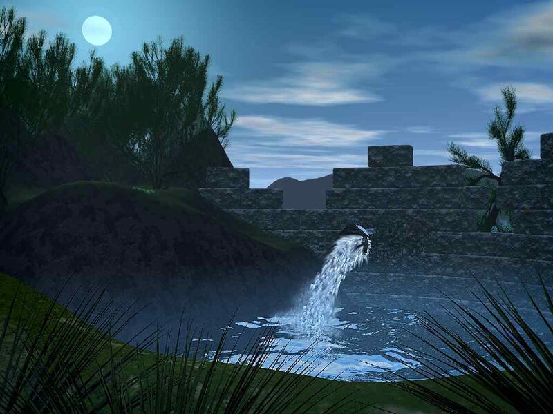 Moonlit waterfall at night