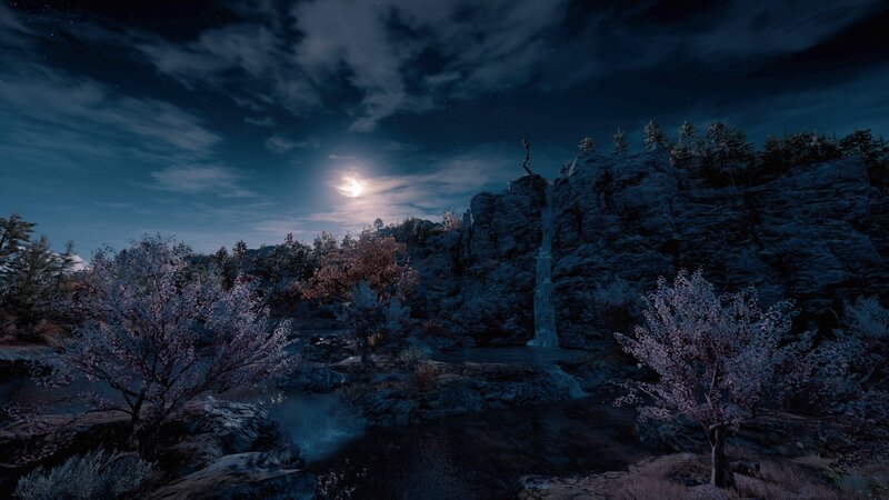 Moonlit Waterfall at Night — Blue, Serene
