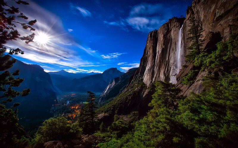 Moonlit Waterfall at Night — Blue