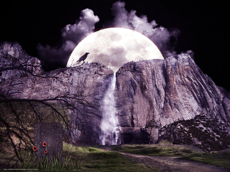 Moonlit waterfall at night