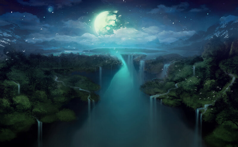 Moonlit Waterfall Landscape — Blue, Serene, Night, Digital Art