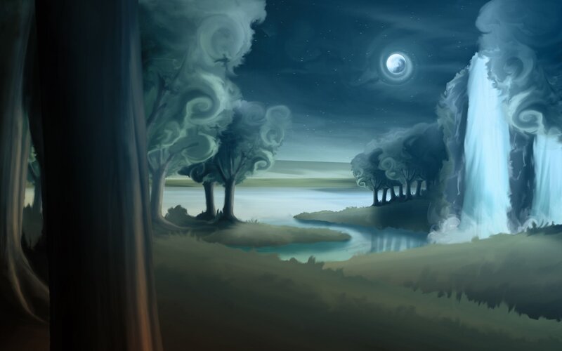 Moonlit Waterfall Landscape — Blue, Serene, Night