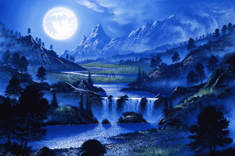 Moonlit Waterfall Landscape — Blue, Serene