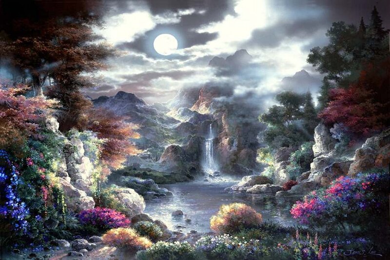 Moonlit Waterfall Landscape — Blue