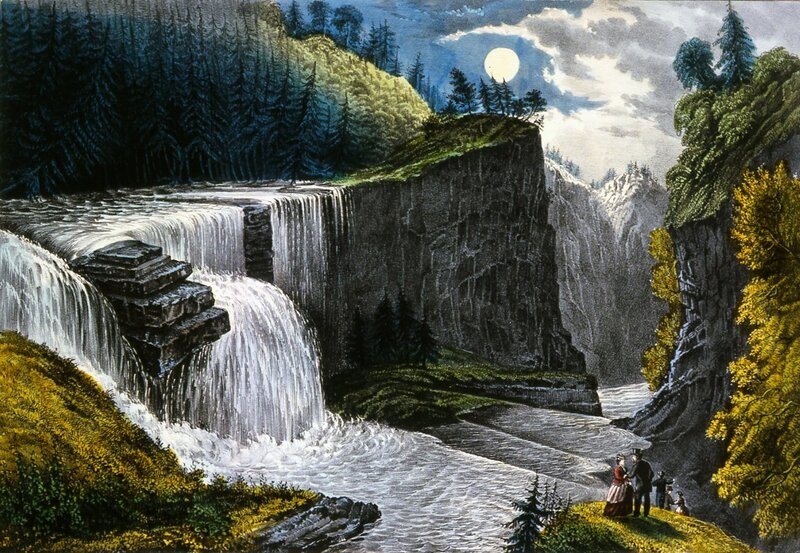 Moonlit waterfall landscape