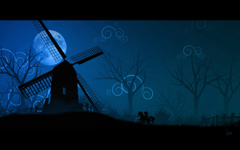 Moonlit windmill at night