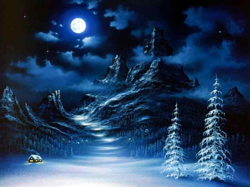 Moonlit winter mountain landscape