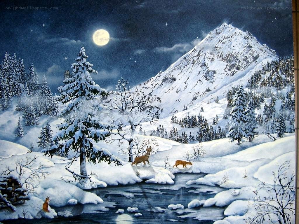 Moonlit winter mountain scene