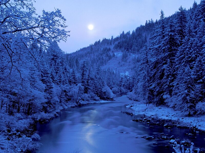 Moonlit winter river scene