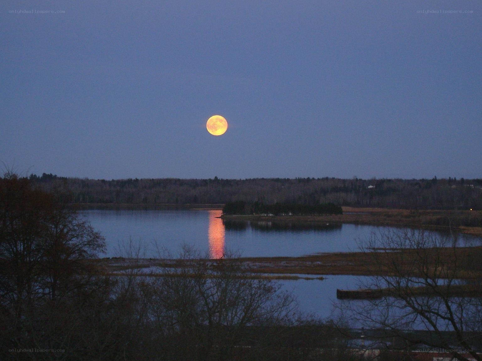 Moonrise over a calm lake