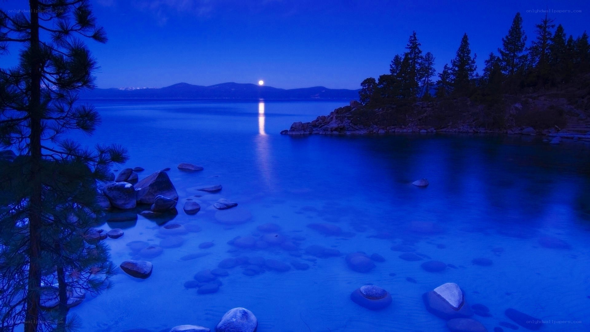 Moonrise over a serene lake