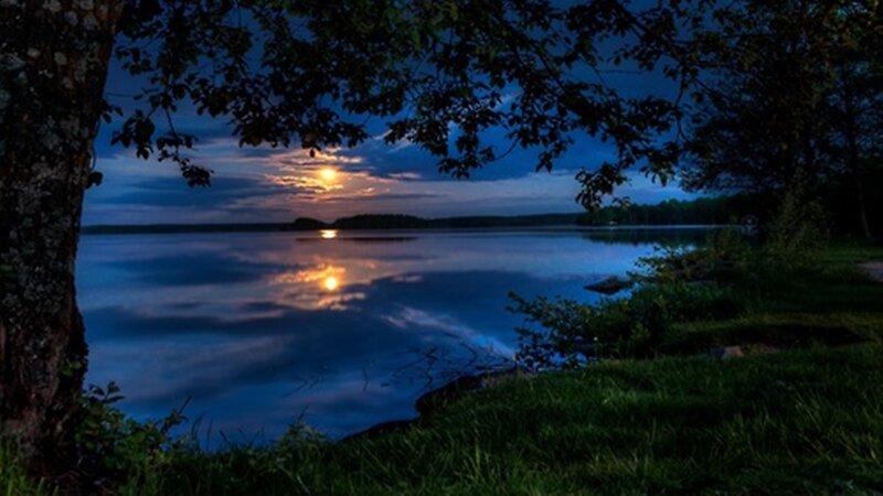 Moonrise over Lake — Blue, Serene, Night