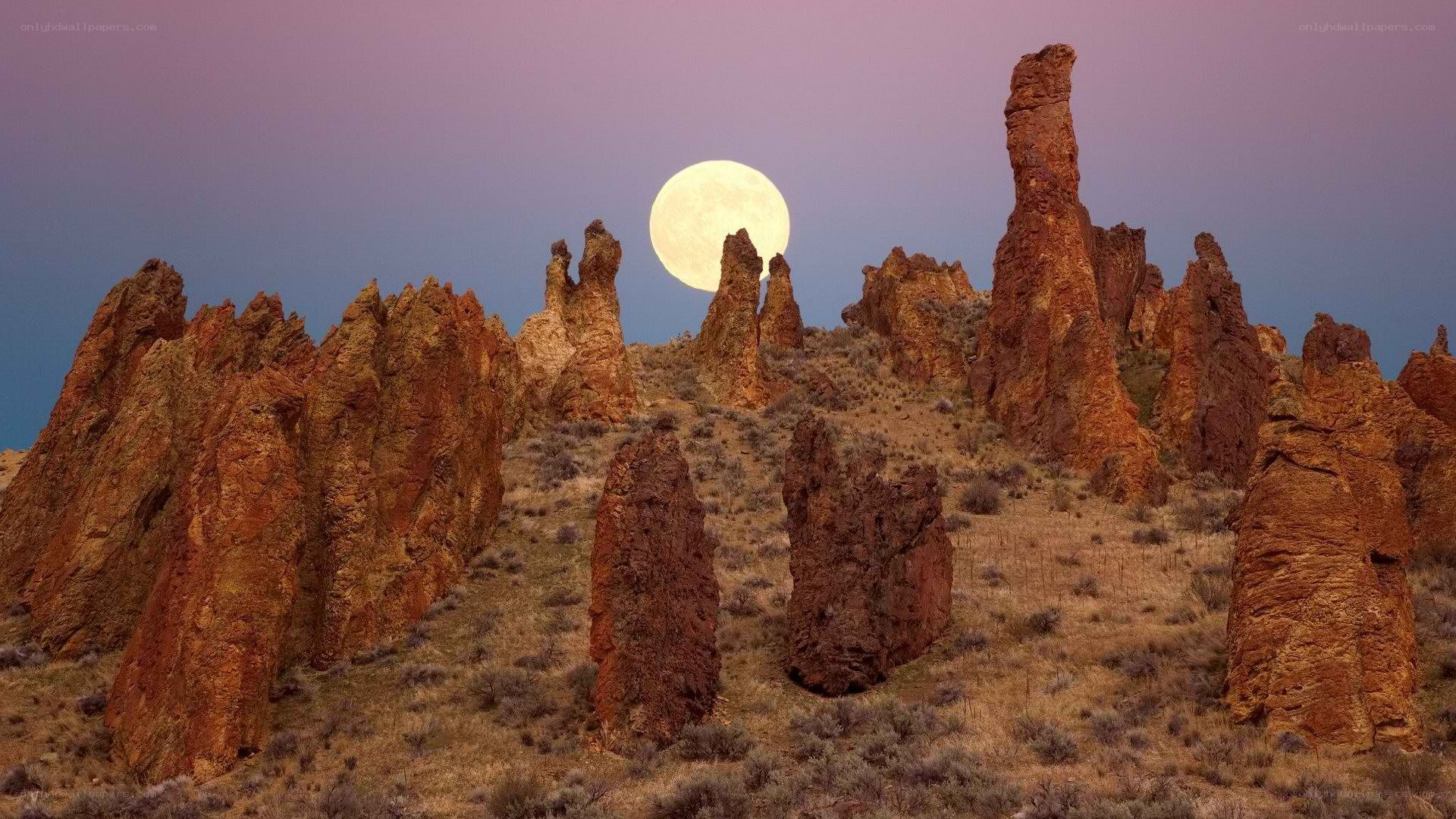 Moonrise over rock formations