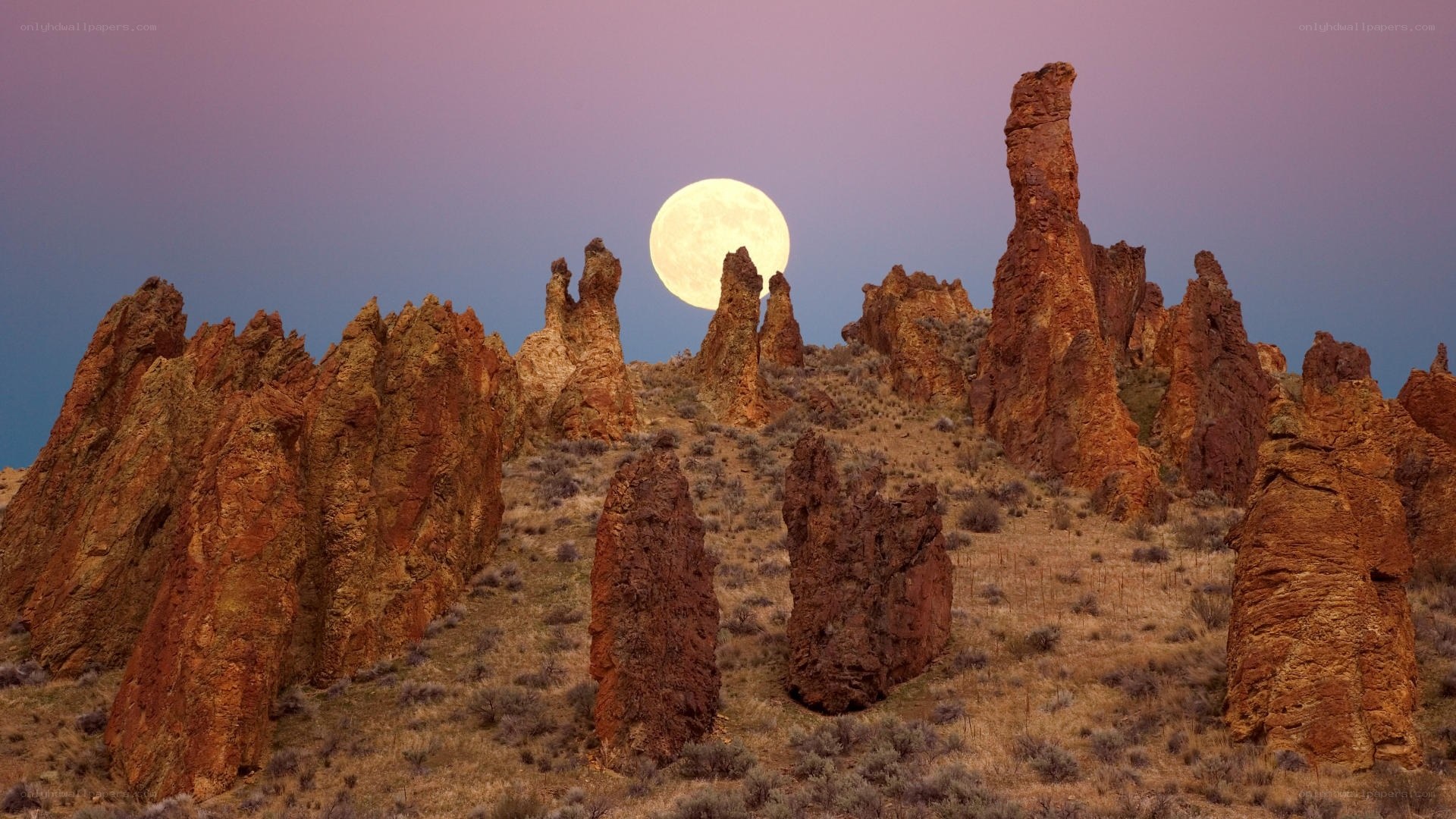 Moonrise over rock formations