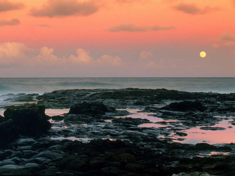 Moonrise over rocky shore
